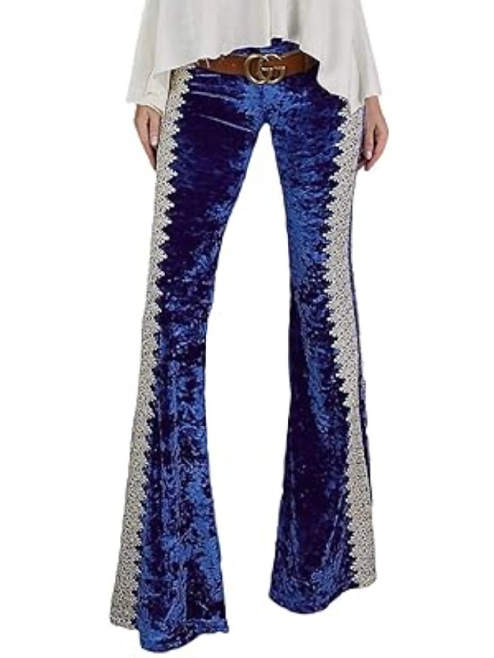 Azura Blue High Waist crushed Velvet Flare Pants, Crochet Lace detail, NWOT